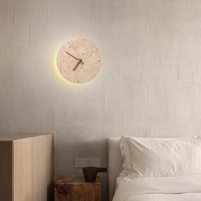 Modern Minimalist Geometric Circle Travertine Clock Design LED Wall Sconce Lamp For Living Room