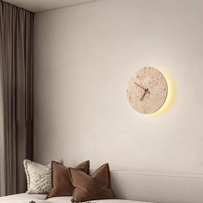 Modern Minimalist Geometric Circle Travertine Clock Design LED Wall Sconce Lamp For Living Room