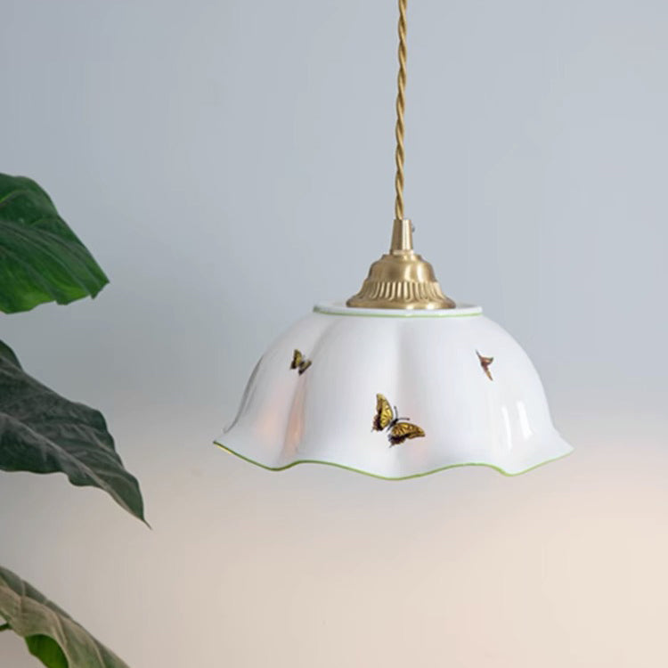 Traditional French Pastoral Ceramic Corrugated Edge Brass 1-Light Pendant Light For Living Room