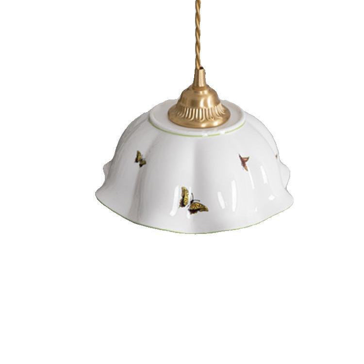 Traditional French Pastoral Ceramic Corrugated Edge Brass 1-Light Pendant Light For Living Room