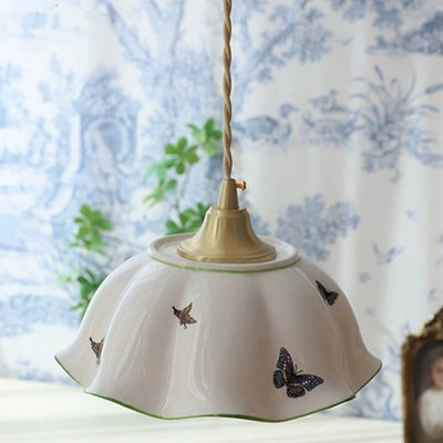 Traditional French Pastoral Ceramic Corrugated Edge Brass 1-Light Pendant Light For Living Room