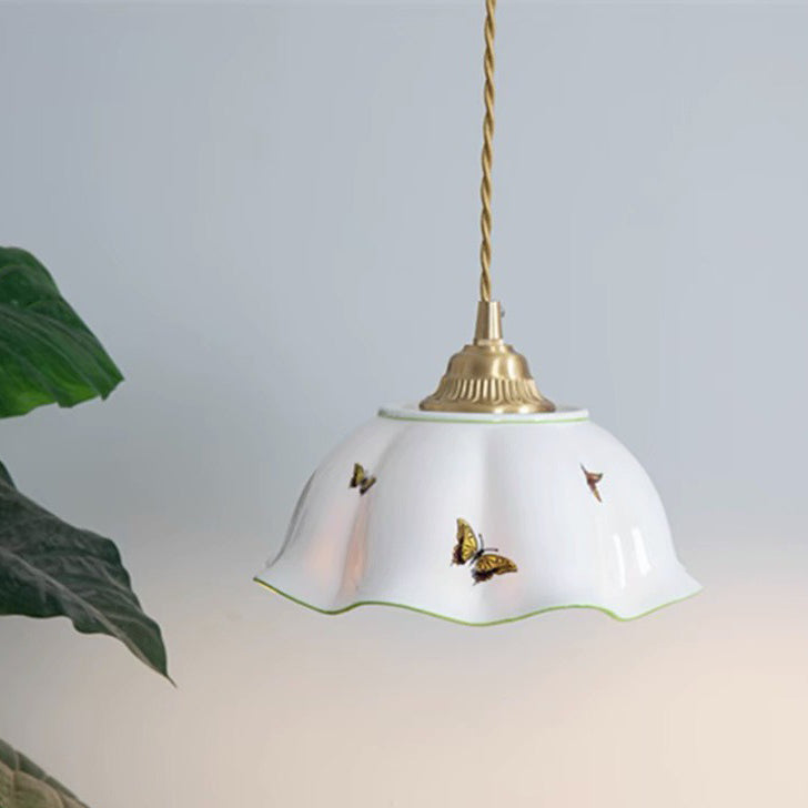 Traditional French Pastoral Ceramic Corrugated Edge Brass 1-Light Pendant Light For Living Room