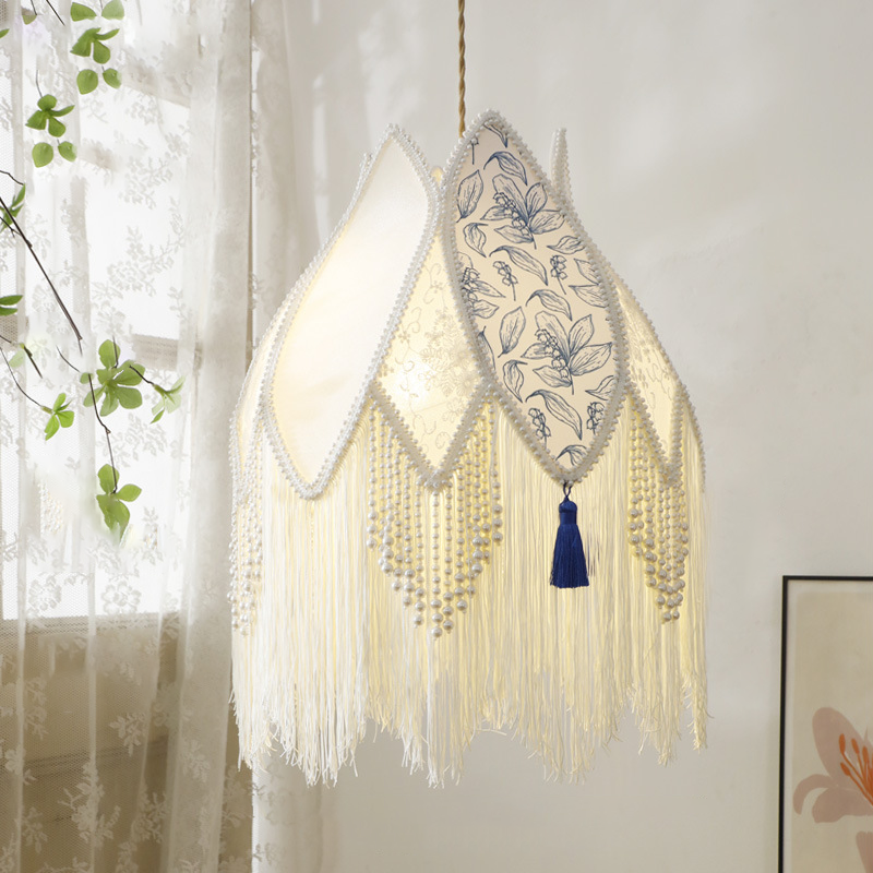 Contemporary Boho Peony Fabric Shade ABS Imitation Pearl Fringed 1-Light Pendant Light For Living Room