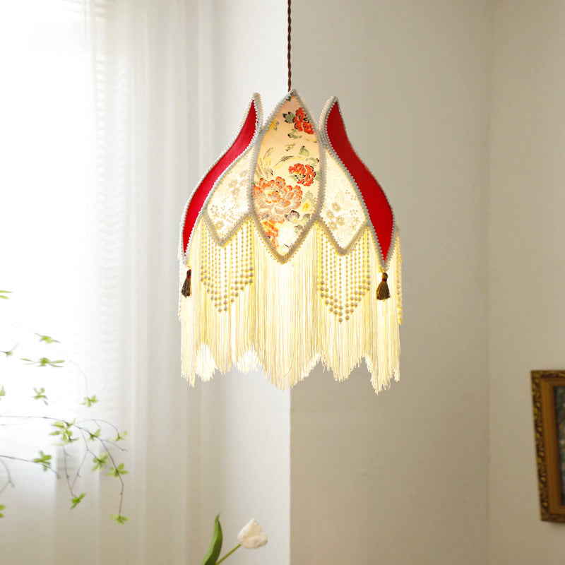 Contemporary Boho Peony Fabric Shade ABS Imitation Pearl Fringed 1-Light Pendant Light For Living Room