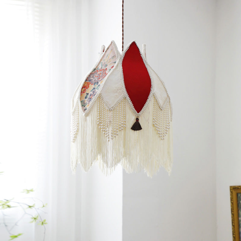 Contemporary Boho Peony Fabric Shade ABS Imitation Pearl Fringed 1-Light Pendant Light For Living Room