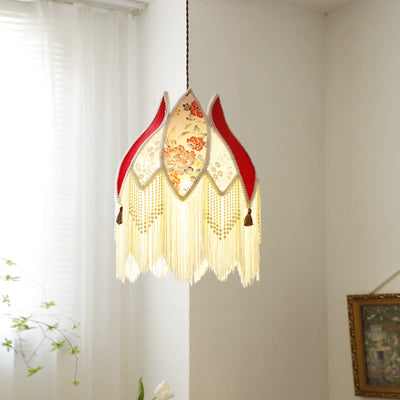 Contemporary Boho Peony Fabric Shade ABS Imitation Pearl Fringed 1-Light Pendant Light For Living Room