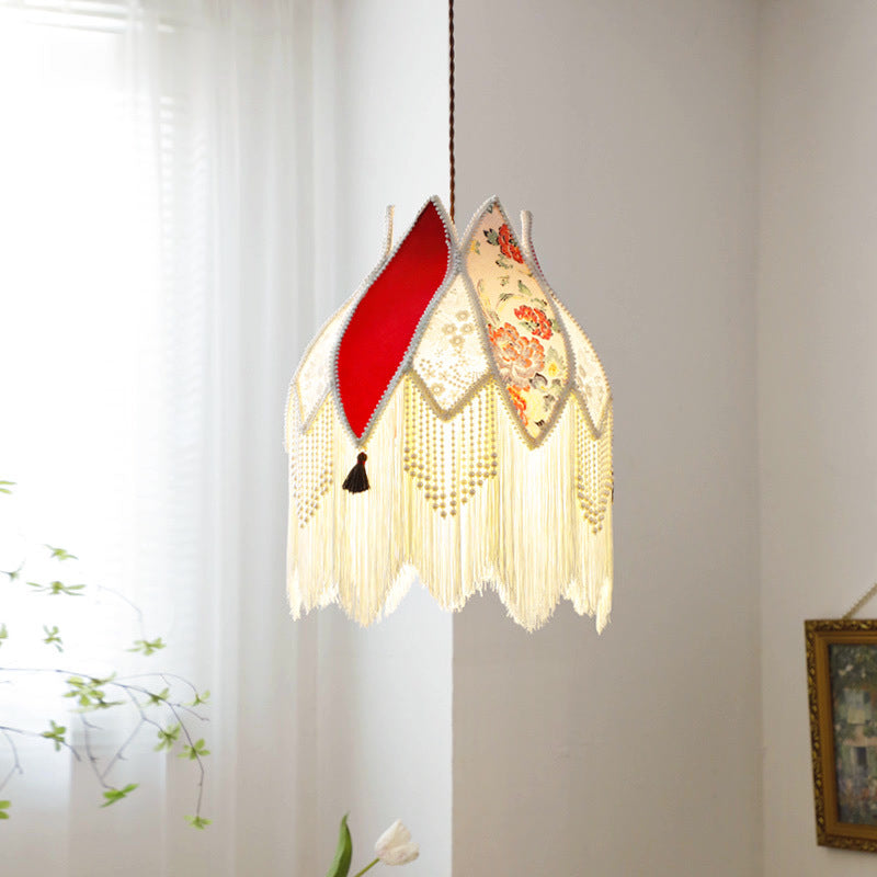 Contemporary Boho Peony Fabric Shade ABS Imitation Pearl Fringed 1-Light Pendant Light For Living Room