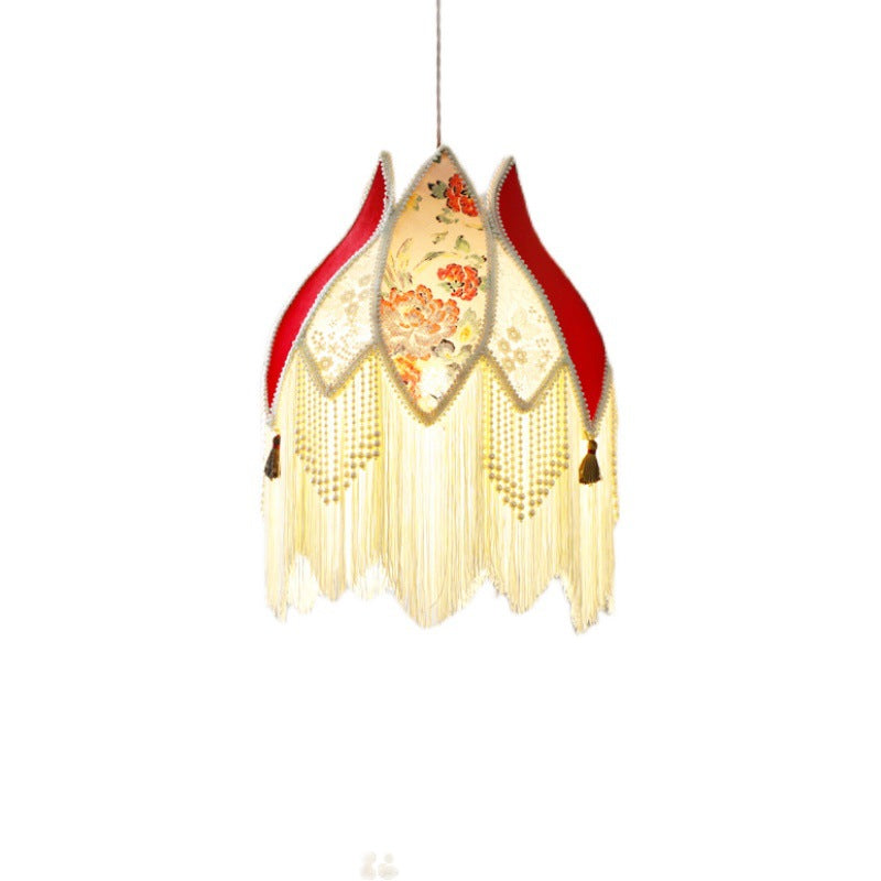 Contemporary Boho Peony Fabric Shade ABS Imitation Pearl Fringed 1-Light Pendant Light For Living Room