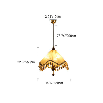 Traditional French Conical Pleated Fabric Shade Tassel Wood 3-Light Chandelier For Living Room