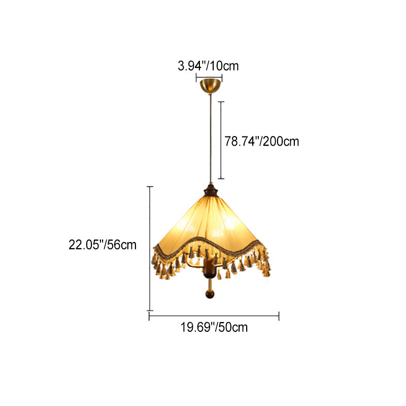 Traditional French Conical Pleated Fabric Shade Tassel Wood 3-Light Chandelier For Living Room