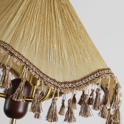 Traditional French Conical Pleated Fabric Shade Tassel Wood 3-Light Chandelier For Living Room