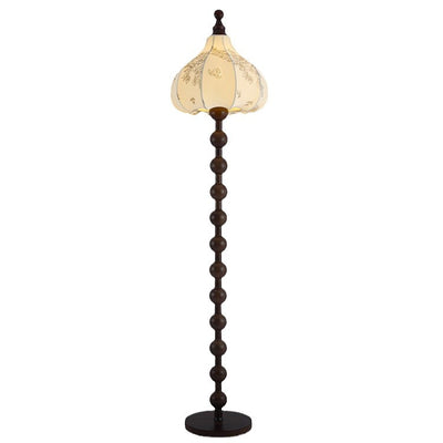 Contemporary Retro Round Fabric Shade Wooden Pole Base 1-Light Standing Floor Lamp For Home Office