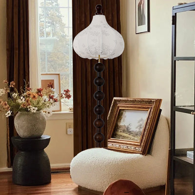 Contemporary Retro Round Fabric Shade Wooden Pole Base 1-Light Standing Floor Lamp For Home Office