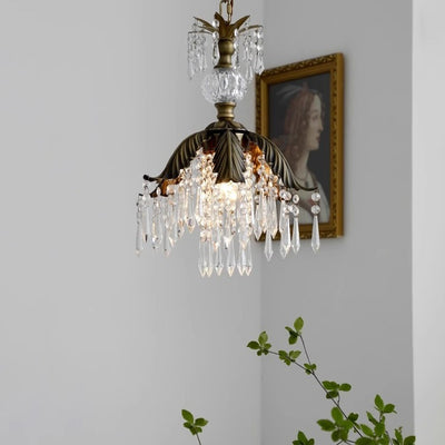 Contemporary Luxury Antique Brass Frame Crystal Tassel 1-Light Pendant Light For Dining Room