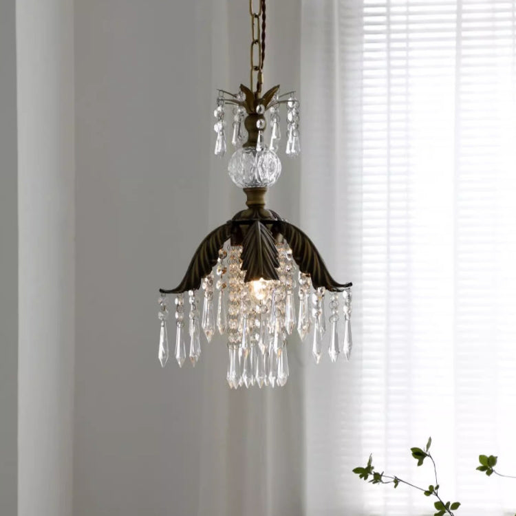 Contemporary Luxury Antique Brass Frame Crystal Tassel 1-Light Pendant Light For Dining Room