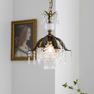 Contemporary Luxury Antique Brass Frame Crystal Tassel 1-Light Pendant Light For Dining Room