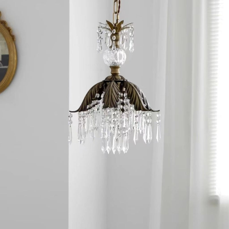 Contemporary Luxury Antique Brass Frame Crystal Tassel 1-Light Pendant Light For Dining Room