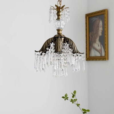 Contemporary Luxury Antique Brass Frame Crystal Tassel 1-Light Pendant Light For Dining Room