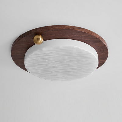 Modern Minimalist Iron Imitation Walnut Wood Grain Acrylic Round Shade LED Flush Mount Ceiling Light For Bedroom