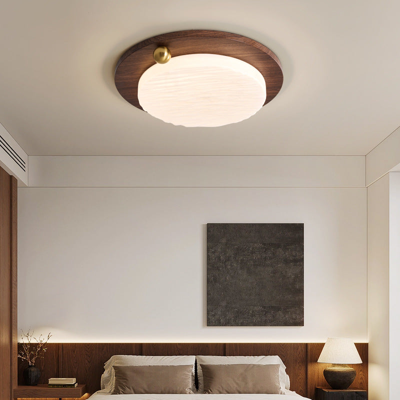 Modern Minimalist Iron Imitation Walnut Wood Grain Acrylic Round Shade LED Flush Mount Ceiling Light For Bedroom