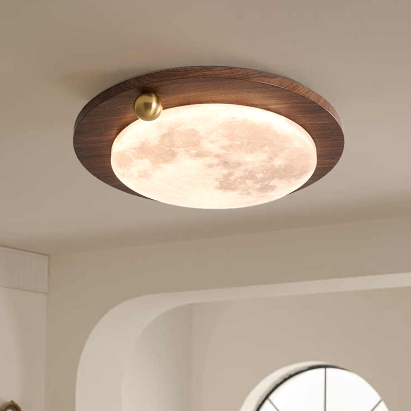 Modern Minimalist Iron Imitation Walnut Wood Grain Acrylic Round Shade LED Flush Mount Ceiling Light For Bedroom