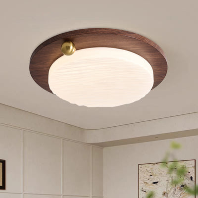 Modern Minimalist Iron Imitation Walnut Wood Grain Acrylic Round Shade LED Flush Mount Ceiling Light For Bedroom