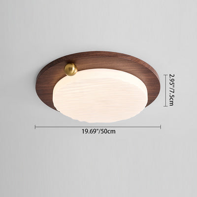 Modern Minimalist Iron Imitation Walnut Wood Grain Acrylic Round Shade LED Flush Mount Ceiling Light For Bedroom