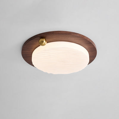 Modern Minimalist Iron Imitation Walnut Wood Grain Acrylic Round Shade LED Flush Mount Ceiling Light For Bedroom