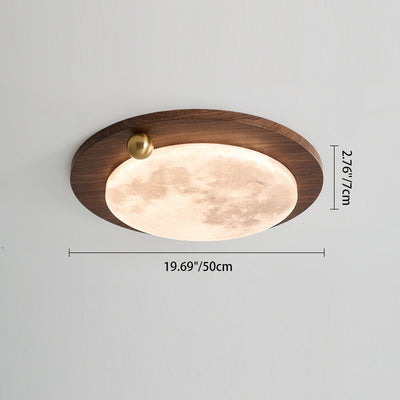 Modern Minimalist Iron Imitation Walnut Wood Grain Acrylic Round Shade LED Flush Mount Ceiling Light For Bedroom