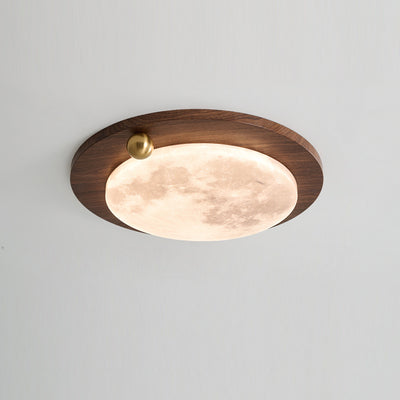 Modern Minimalist Iron Imitation Walnut Wood Grain Acrylic Round Shade LED Flush Mount Ceiling Light For Bedroom