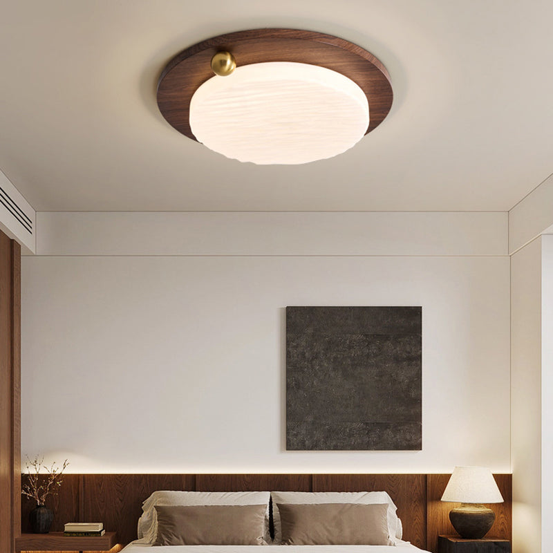 Modern Minimalist Iron Imitation Walnut Wood Grain Acrylic Round Shade LED Flush Mount Ceiling Light For Bedroom