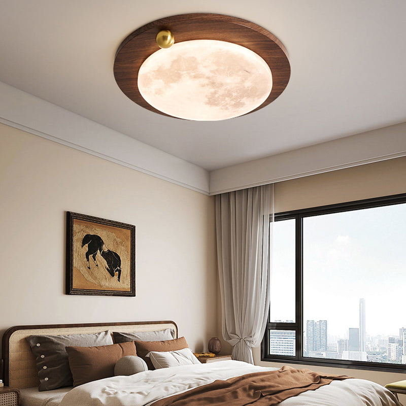 Modern Minimalist Iron Imitation Walnut Wood Grain Acrylic Round Shade LED Flush Mount Ceiling Light For Bedroom