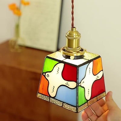 Traditional Tiffany Dove Of Peace Stained Glass Square 1-Light Pendant Light For Dining Room