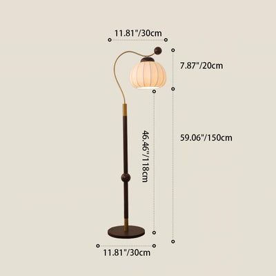 Traditional Japanese Silk Round Shade Wood Aluminum Pole 1-Light Standing Floor Lamp For Living Room