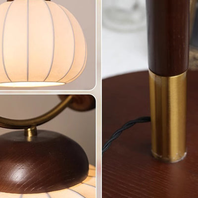 Traditional Japanese Silk Round Shade Wood Aluminum Pole 1-Light Table Lamp For Bedroom