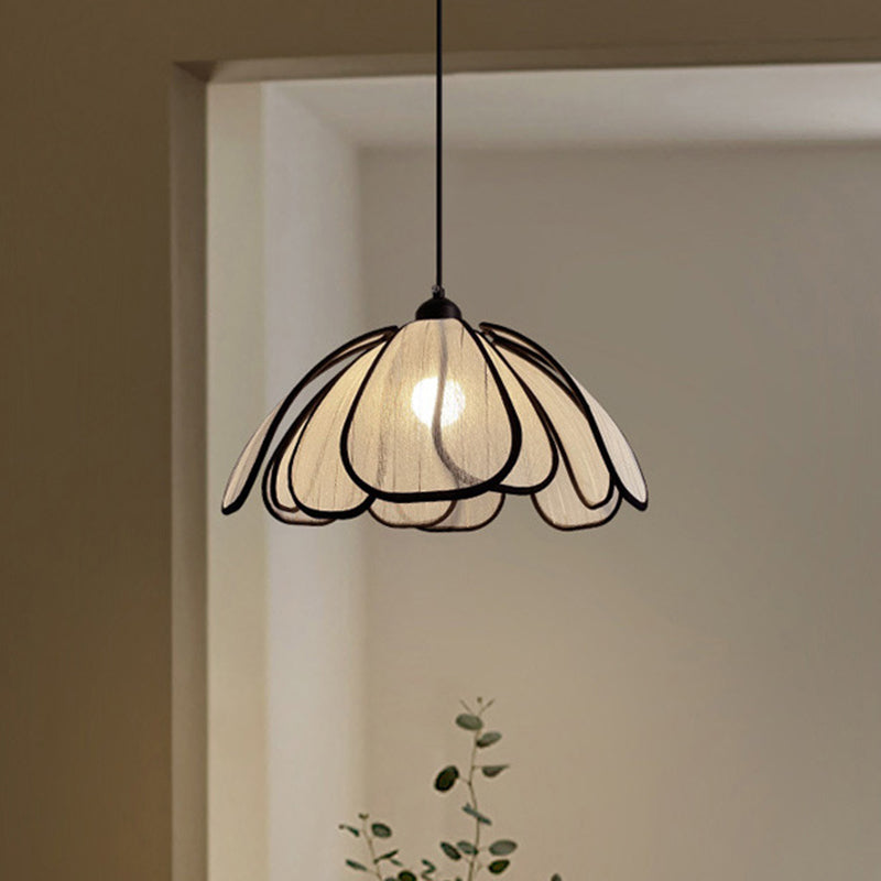 Traditional Japanese Iron Linen Lotus Petal Shade 1-Light Pendant Light For Dining Room