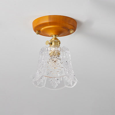 Traditional Japanese Wood Brass Flower Glass Shade 1-Light Semi-Flush Mount Ceiling Light For Bedroom