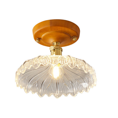 Traditional Japanese Wood Brass Flower Glass Shade 1-Light Semi-Flush Mount Ceiling Light For Bedroom