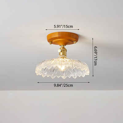 Traditional Japanese Wood Brass Flower Glass Shade 1-Light Semi-Flush Mount Ceiling Light For Bedroom