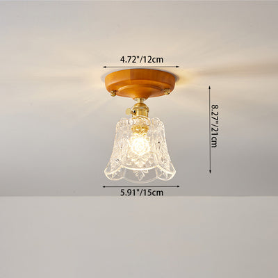 Traditional Japanese Wood Brass Flower Glass Shade 1-Light Semi-Flush Mount Ceiling Light For Bedroom