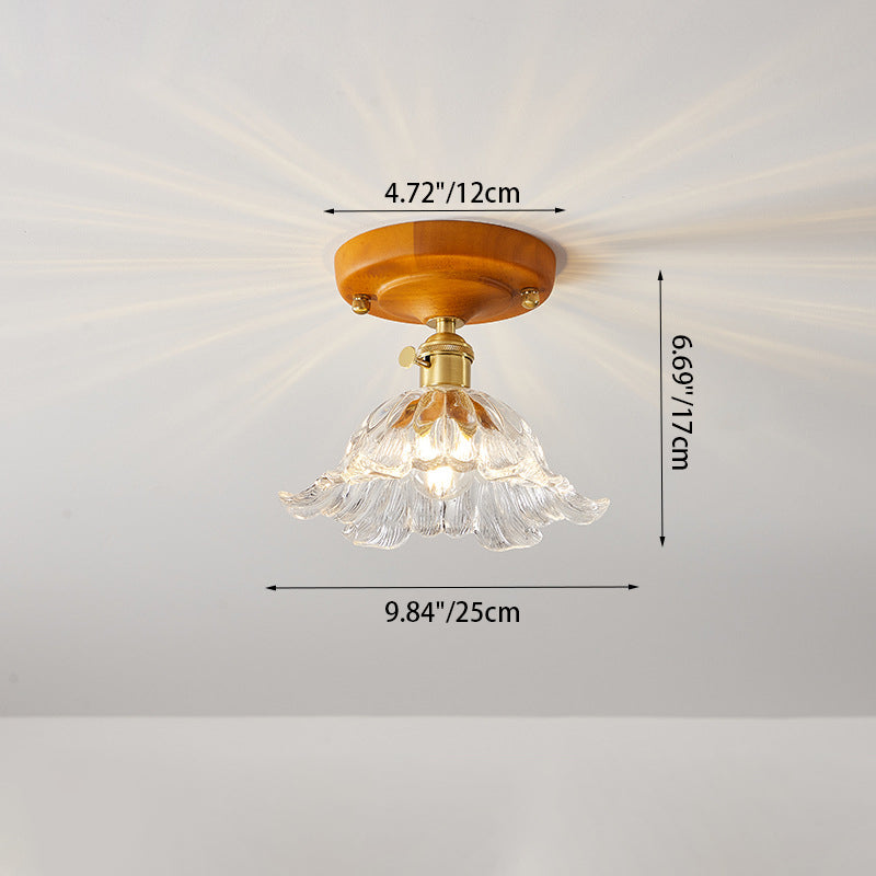 Traditional Japanese Wood Brass Flower Glass Shade 1-Light Semi-Flush Mount Ceiling Light For Bedroom