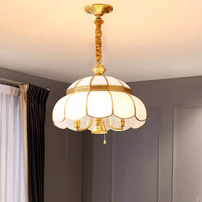 Modern Luxury Brass Frame Frosted Glass Round Shade 5-Light Chandelier For Living Room