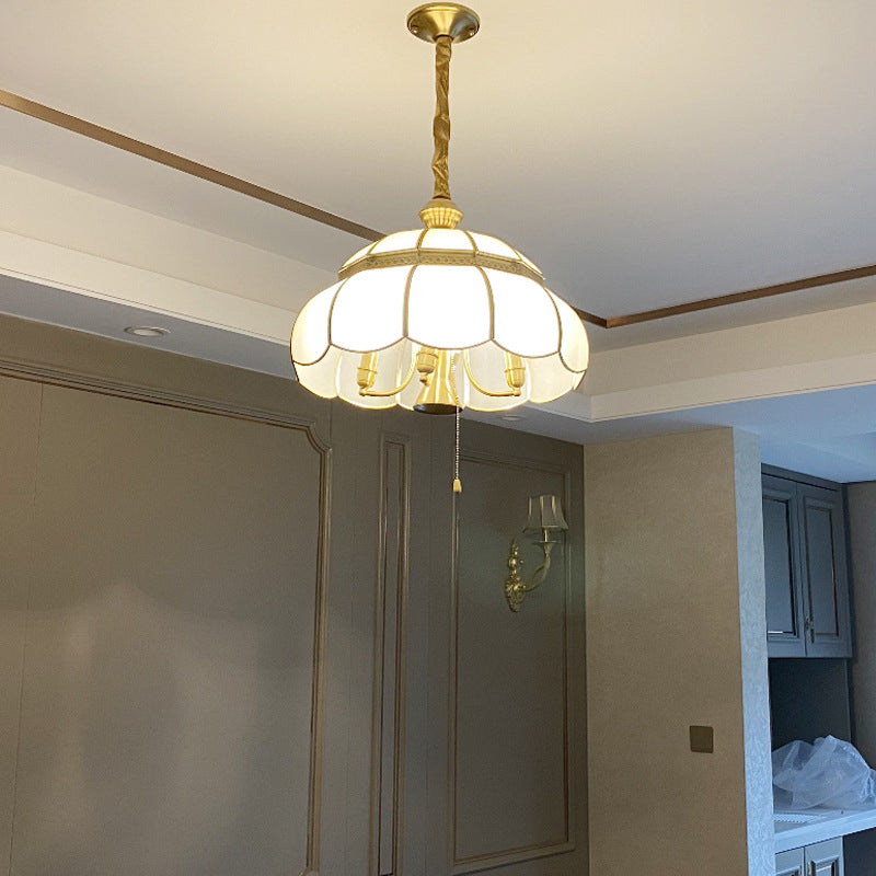 Modern Luxury Brass Frame Frosted Glass Round Shade 5-Light Chandelier For Living Room