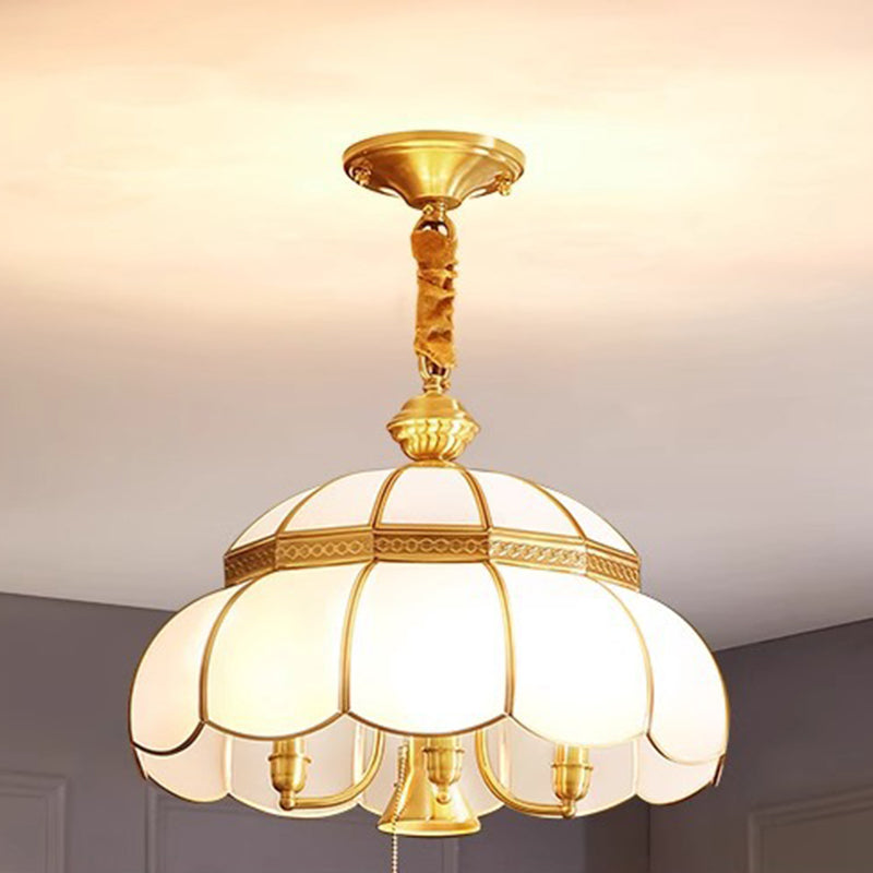 Modern Luxury Brass Frame Frosted Glass Round Shade 5-Light Chandelier For Living Room