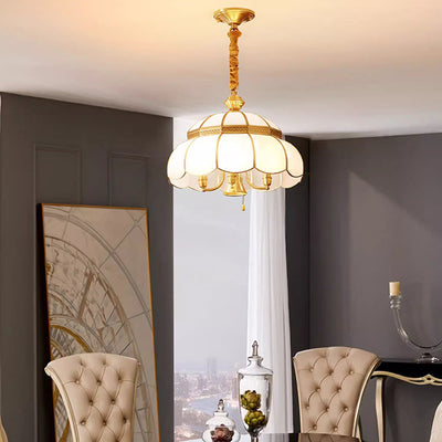 Modern Luxury Brass Frame Frosted Glass Round Shade 5-Light Chandelier For Living Room