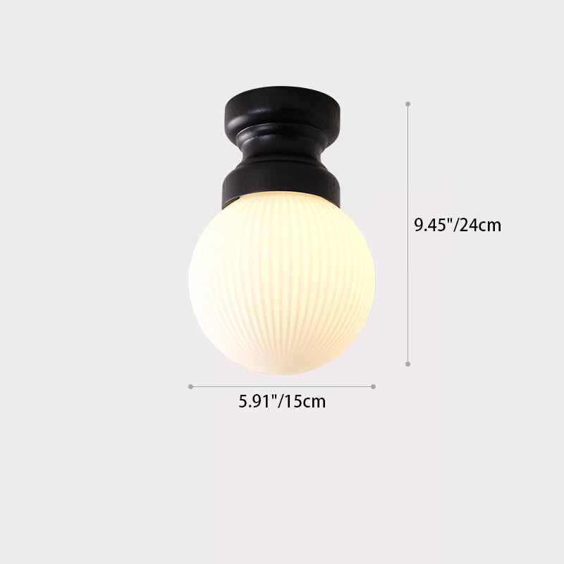 Contemporary Nordic Vertical Grain Glass Ball Shade Wood 1-Light Semi-Flush Mount Ceiling Light For Hallway