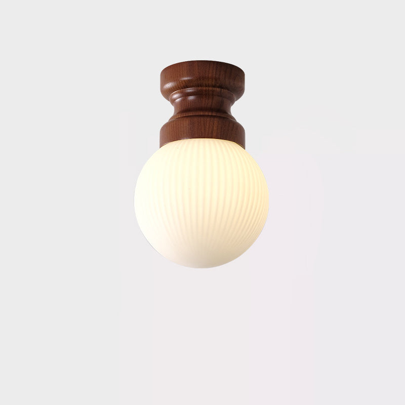 Contemporary Nordic Vertical Grain Glass Ball Shade Wood 1-Light Semi-Flush Mount Ceiling Light For Hallway