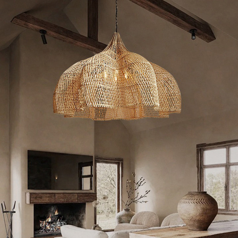 Traditional Japanese Corrugated Rattan Weaving Shade 1-Light Pendant Light For Dining Room