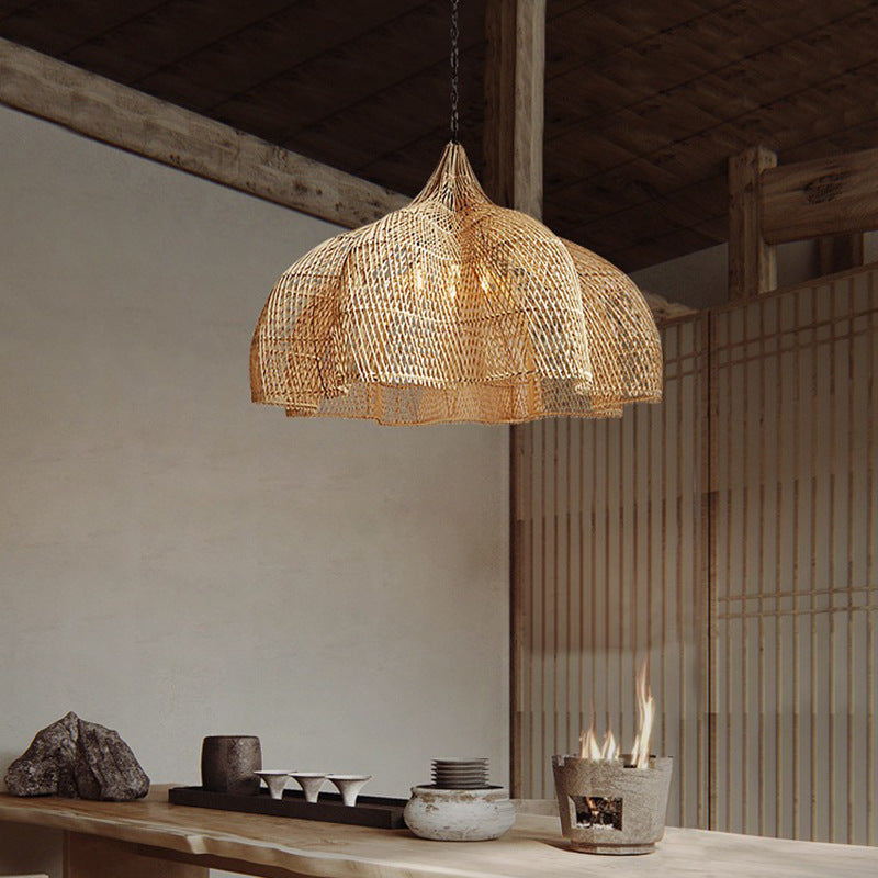 Traditional Japanese Corrugated Rattan Weaving Shade 1-Light Pendant Light For Dining Room