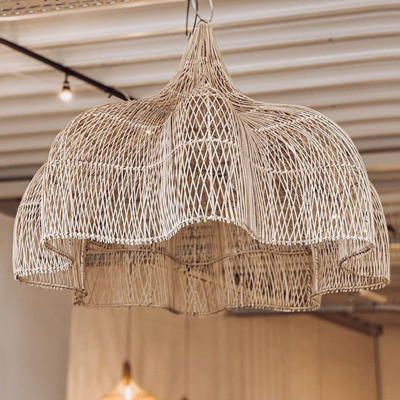 Traditional Japanese Corrugated Rattan Weaving Shade 1-Light Pendant Light For Dining Room